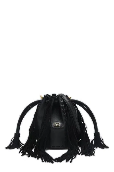 Valentino Garavani Valentino Vlogo Plaque Fringed Shoulder Bag In Black