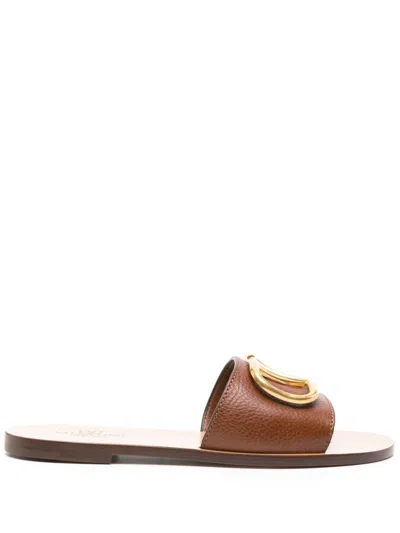 Valentino Garavani Vlogo Brown Leather Slide Sandals