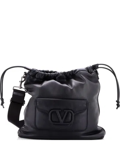 Pre-owned Valentino Garavani Vlogo Pocket Drawstring Padded Leather Crossbody Bag In Black