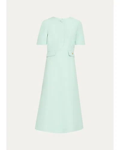 Valentino V-logo Pockets Short-sleeve Wool Silk Midi Dress In Blue
