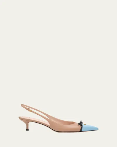 Valentino Garavani Vlogo Pointed Slingback Leather Kitten Pumps In Beige