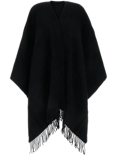 Valentino Cashmere Cape With Fringe Detailing And Loose Fit In Black