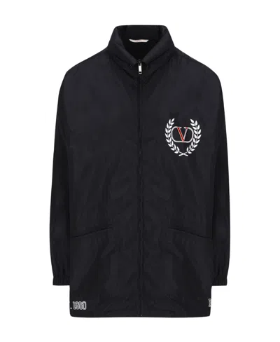 Valentino Vlogo-print Hooded Windbreaker In Black