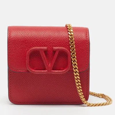 Pre-owned Valentino Garavani Vlogo Red Leather Compact Wallet On Chain