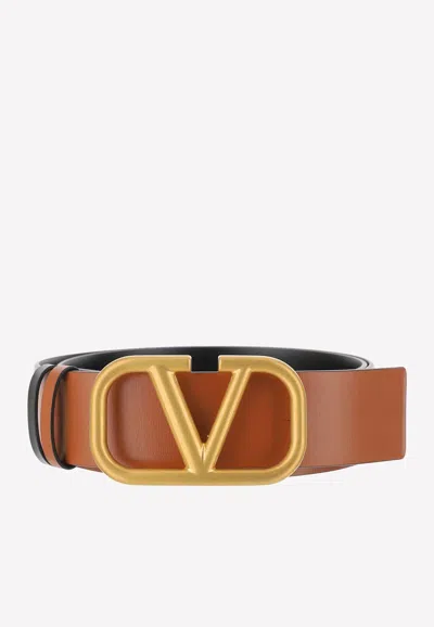 Valentino Garavani Vlogo Reversible Leather Belt In Camel