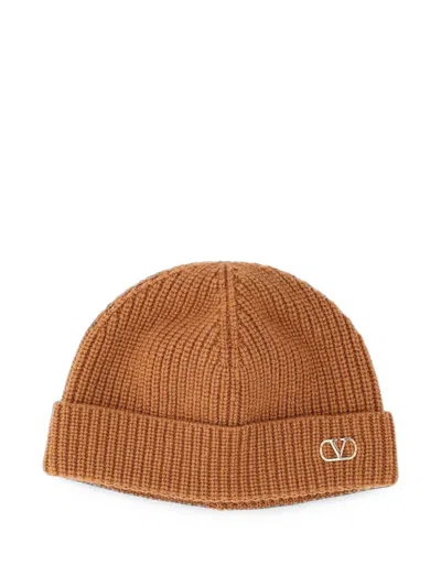 Valentino Garavani Camel Vlogo Signature Cashmere Beanie In Brown