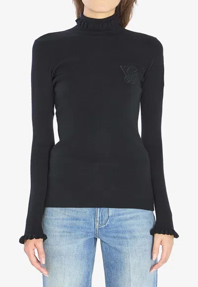 Valentino Vlogo Ruffled Turtleneck Sweater In Black