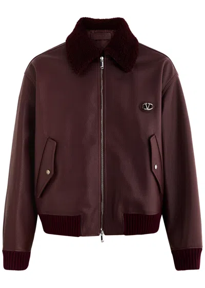 Valentino Vlogo Shearling-trimmed Leather Jacket In Maroon