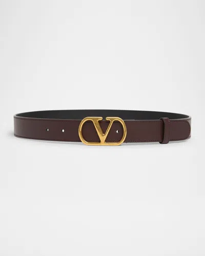 Valentino Garavani Vlogo Shiny Calfskin Belt In Rel Oak Brown