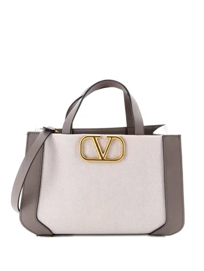 Pre-owned Valentino Garavani Vlogo Shopper Canvas And Leather Small Tote Bag In Gray
