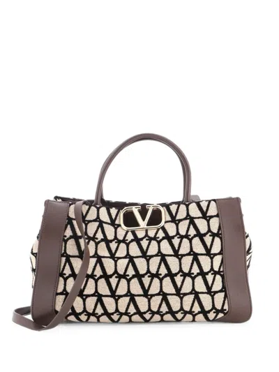 Pre-owned Valentino Garavani Vlogo Shopper Toile Iconograph Fabric With Leather Small Tote Bag In Brown