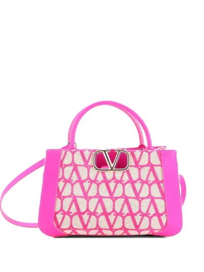 Pre-owned Valentino Garavani Vlogo Shopper Toile Iconograph Fabric With Leather Small Tote Bag In Pink