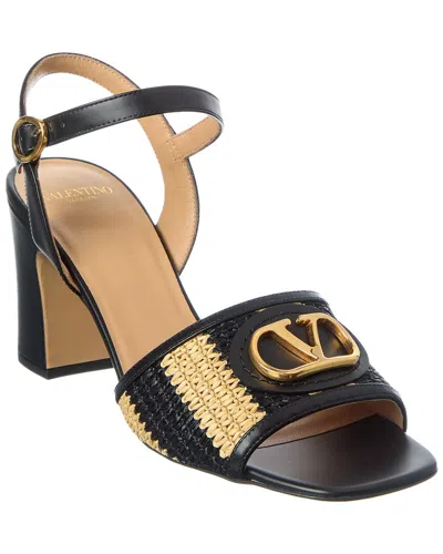 Valentino Garavani Valentino Vlogo Signature 75 Straw & Leather Sandal In Black