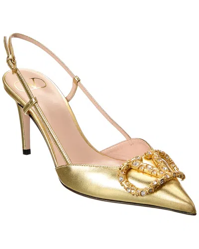 Valentino Garavani Leather Vlogo Strass Slingback Pumps 80 In Gold