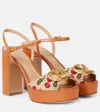 Valentino Cherry-embroidered Raffia Platform Sandals In Brown