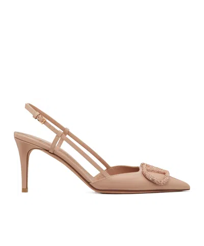 Valentino Garavani Valentino Logo Embellished Pointed-toe Slingback Pumps In Neutral
