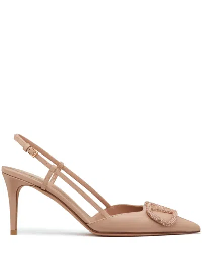 Valentino Garavani Valentino Logo Embellished Pointed-toe Slingback Pumps In Neutral