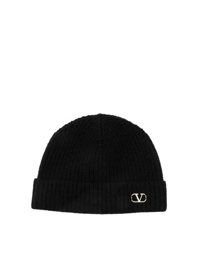 Valentino Garavani Cashmere Ribbed Texture Beanie With Turn-up Brim In Black