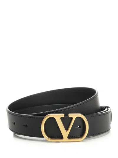 Valentino Garavani Mens Black Gold V Logo Leather Belt