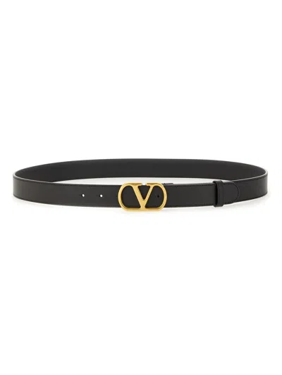 Valentino Garavani Elegant Black Leather Belt With Gold Buckle 30 Mm