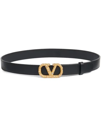 Valentino Garavani 30mm Vlogo Signature Leather Belt In Black/crystal