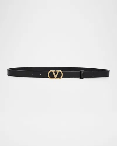 Valentino Garavani Vlogo Signature Belt In Shiny Calfskin With Crystals 20mm In Nero Cryst