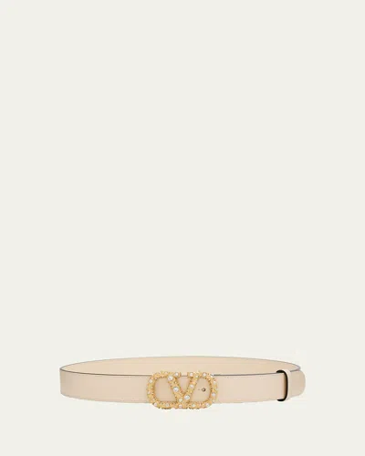 Valentino Garavani Vlogo Signature Belt In Shiny Calfskin With Crystals In Butter