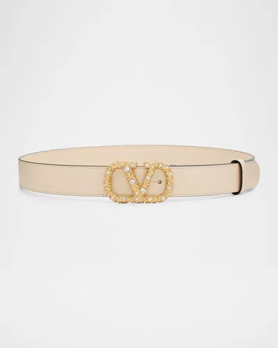 Valentino Garavani Vlogo Signature Belt In Shiny Calfskin With Crystals In Neutral