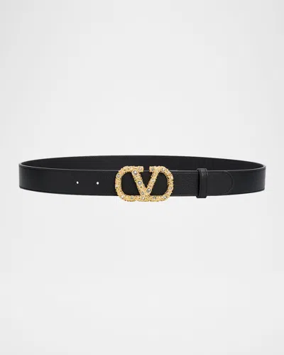 Valentino Garavani Vlogo Signature Belt In Shiny Calfskin With Crystals In Nero Cryst