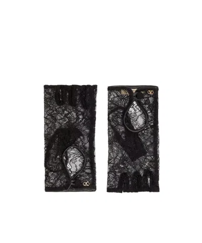 Valentino Garavani Vlogo Signature Biker Gloves In Lace And Leather In Purple