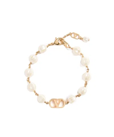 Valentino Garavani Vlogo Signature Bracelet In Metal With Glass Beads In Gold