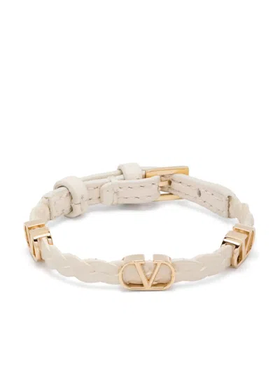 Valentino Garavani Vlogo Braided Leather Bracelet In Light Ivory