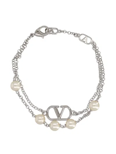 Valentino Garavani Vlogo Signature Double Chain Pearl Bracelet In Metallic