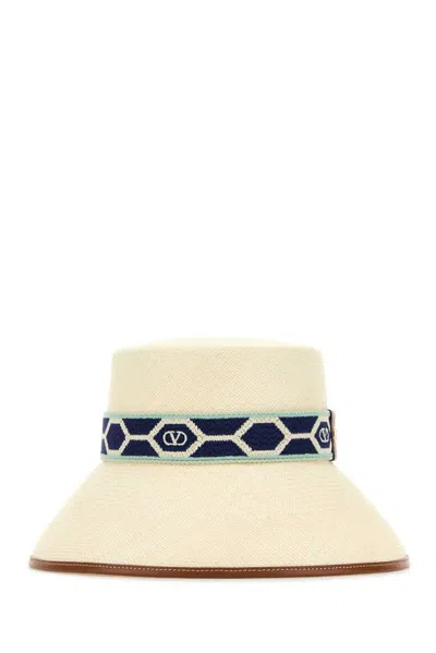 Valentino Garavani Vlogo Signature Straw Bucket Hat In Beige