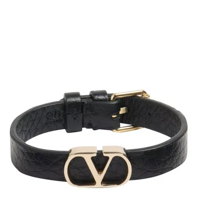 Valentino Garavani Adjustable Length Leather Textured Bracelets In Black