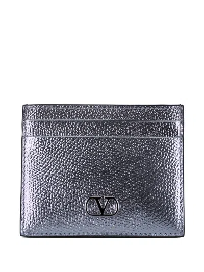 Pre-owned Valentino Garavani V-logo Signature Card Holder In Silver