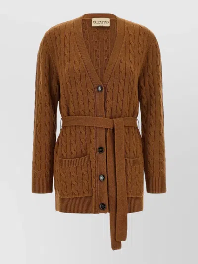 Valentino Vlogo Signature Cardigan Belt Pockets Knit In Brown