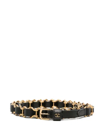 Valentino Garavani Logo-embellished Chain And Leather Belt In Black
