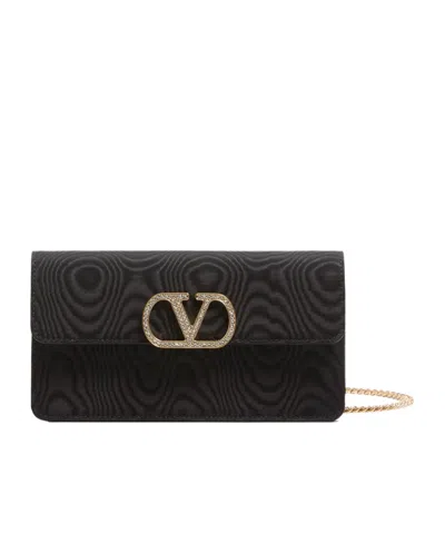 Valentino Garavani Vlogo Signature Chain Wallet In Moiré Fabric With Jewel Logo In Black
