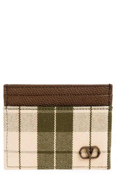 Valentino Garavani Valentino Vlogo Signature Check Canvas & Leather Card Case In Brown