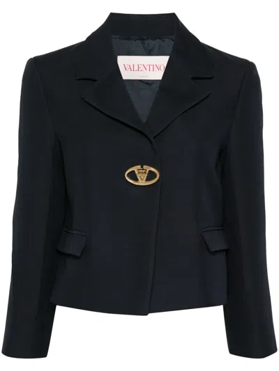 Valentino Single-breasted Navy Wool Crop Jacket In Black