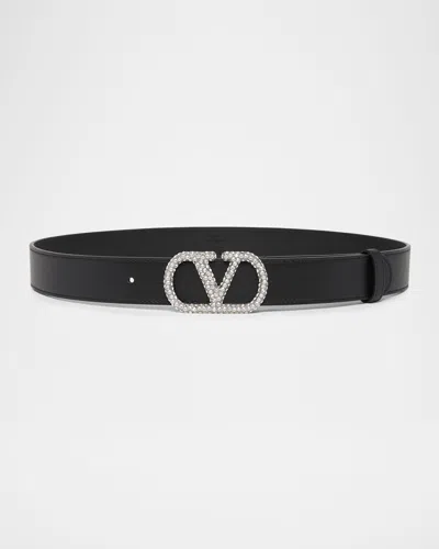 Valentino Garavani Vlogo Signature Crystal-embellished Leather Belt, 30mm In Black