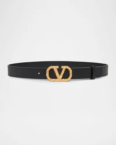 Valentino Garavani Vlogo Signature Crystal-embellished Leather Belt, 30mm In Black