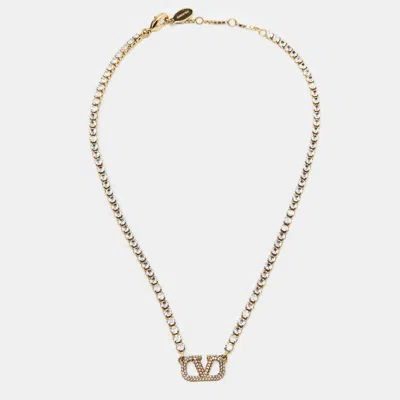 Pre-owned Valentino Garavani Vlogo Signature Crystals Gold Tone Necklace