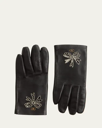 Valentino Garavani Vlogo Signature Cutout Leather Gloves In Nero Burro Antique Brass