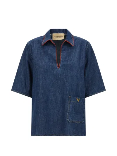 Valentino Vlogo Signature Denim Blouse In Blue