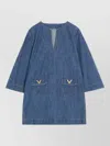 Valentino Vlogo Signature Mini Dress With V-neck And Pockets In Blue