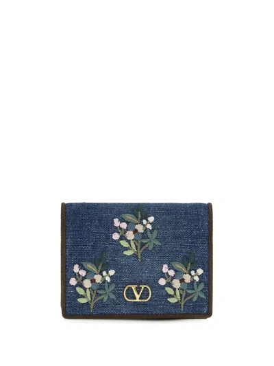 Valentino Garavani Vlogo Signature Denim Wallet In Orange