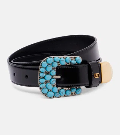Valentino Garavani Vlogo Signature Embellished Leather Belt In Black