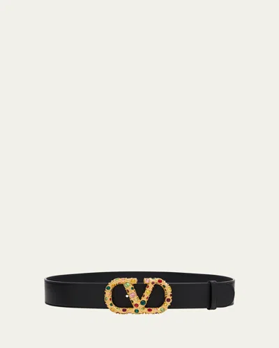 Valentino Garavani Vlogo Signature Embellished Leather Belt, 40mm In Black